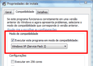Propriedades do instalador em modo compatibilidade no Windows 7